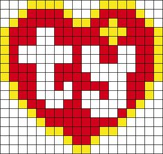 a red and yellow heart is shown in the shape of a cross stitch pattern with squares