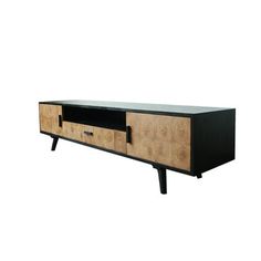 the sideboard is made out of wood and black metal