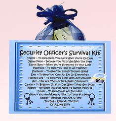 the security officer's survival kit is in a blue box with a ribbon around it