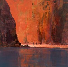 a painting of two people standing in front of a cliff face with water and orange sky