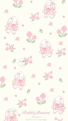 a wallpaper with pink flowers and rabbits on it