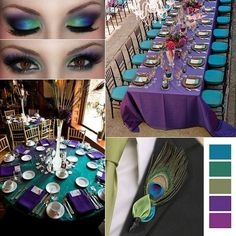 a collage of photos with peacock feathers and blue, green, purple and white colors