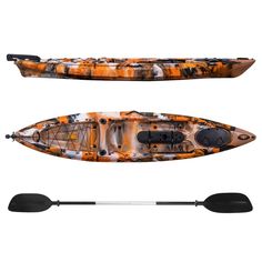 an orange and black kayak with two oars on the front, and one in the back