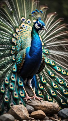 a peacock is standing on some rocks and feathers are spread around it's body