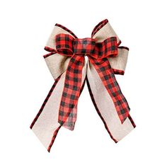 a red and black plaid bow on a white background