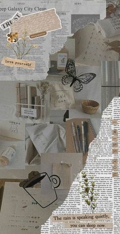 the collage is made up of many different items and words, including flowers, books, letters, papers, and other things