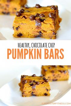 healthy chocolate chip pumpkin bars on a white plate with text overlay that says healthy chocolate chip pumpkin bars