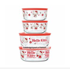 three hello kitty glass containers stacked on top of each other, with hello kitty printed on the lids