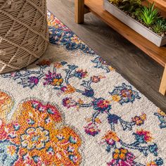 a colorful rug on the floor next to a potted plant and wooden table with succulents