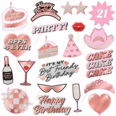 pink and gold birthday photo booth props for 21st birthday party decorations, set of 24