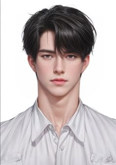 an artist's rendering of a young man with black hair and white shirt on