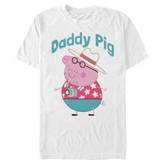 Join Peppa and her family and friends for adventures, friendships, learning, and more, with fun new officially licensed apparel for the whole family from the long-running British animated children's series Peppa Pig! This cute Peppa Pig Daddy Pig Tourist Men's Graphic T-Shirt features Daddy Pig with his camera and white hat, along with his name printed above him. Get your very own Peppa Pig tee today and get in on the fun! Father's Day Casual T-shirt With Cartoon Print, Father's Day T-shirt With Character Print, Short Sleeve, Father's Day T-shirt With Character Print And Short Sleeves, Father's Day T-shirt With Character Print, Father's Day Playful Short Sleeve T-shirt, Playful Crew Neck T-shirt For Father's Day, Fun Character Print T-shirt For Father's Day, Father's Day Cartoon Print Crew Neck T-shirt, Fun Short Sleeve T-shirt For Family Outings