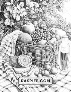 a basket full of fruit sitting on top of a checkered table cloth next to a bottle