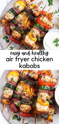 grilled chicken kabobs on skewers with ranch dressing