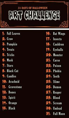 an art challenge poster for halloween with the names and numbers on each one page, which includes