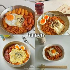 four pictures show different types of ramen in various bowls with eggs and sausages