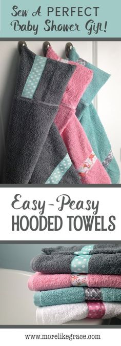 towels are stacked on top of each other with the words easy - peasy hooded towels