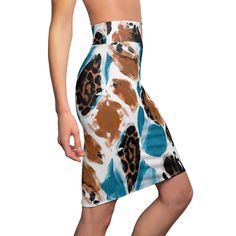 Womens Pencil Skirt, Light Blue And Brown Spotted Abstract Pattern. This stylish skirt is a timeless addition to your wardrobe. It effortlessly combines sophistication and style. Crafted with the modern woman in mind, this skirt is designed to enhance your silhouette and boost your confidence, whether you're heading to the office, a special event, or a night out on the town. The flattering fit of this pencil skirt hugs your curves in all the right places, creating a sleek and polished look that complements your body shape. This versatile skirt is perfect for a wide range of occasions. Dress it up with a blouse and heels for a professional office look or pair it with a casual top and flats for a chic everyday outfit. 95% Polyester 5% Spandex Mid-waist fit Flatlock stitching makes the seams Blue Non-stretch Pencil Skirt, Fitted Pencil Skirt For Summer, Fitted Hip-length Pencil Skirt For Summer, High Waist Summer Pencil Skirt, High Waist Pencil Skirt For Summer, Spring Fitted Pencil Skirt, Chic Stretch Pencil Skirt For Summer, Fitted Pencil Skirt For Spring, Hip-length, Fitted Hip-length Pencil Skirt For Spring