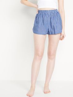 High-Waisted Poplin Pajama Short | Old Navy Relaxed Fit Cotton Bottoms With Gathered Waist, Cotton Bottoms With Relaxed Fit And Gathered Waist, Casual Summer Shorts For Daywear, Casual Summer Daywear Shorts, Relaxed Fit Casual Shorts For Daywear, Casual Relaxed Fit Shorts For Daywear, Casual Spring Shorts For Daywear, Elastic Cotton Blue Bottoms, Casual Elastic Blue Bottoms