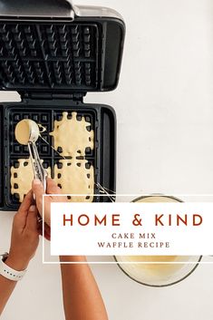 a waffle maker being used to make home and kind cake mix for waffles