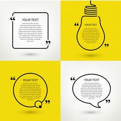 four different light bulbs with speech bubbles in the shape of an empty thought bubble on yellow and white background