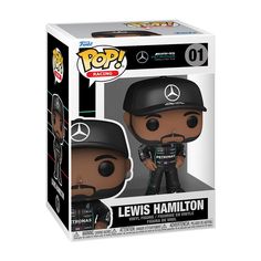 a pop vinyl figure in a box with the name lewis hamiton on it