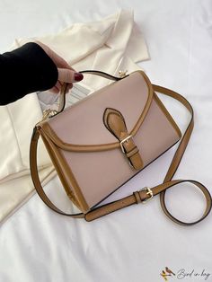 BirdinBag - Stylish Color Block Top Handle Bag with Adjustable Strap for Fashionable Wardrobes Color Block Top, Bag Bag, Square Bag, Handle Bag, Style Elegant, Color Khaki, Top Handle, Color Block, Pu Leather