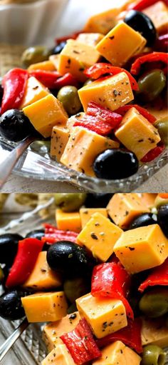 olives, cheese and peppers are on a glass platter