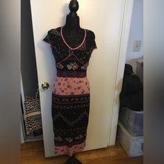 Vintage Betsey Johnson. Purchased In The Early 2000’s Never Worn And Still Has Tags. Purchased In A Betsey Johnson Store. Size Large Casual Fitted Pink Maxi Dress, Pink Short Sleeve Midi Dress For Night Out, Fitted Pink Bohemian Midi Dress, Betsey Johnson Floral Dress, Drop Shoulder Dress, Black Peplum Dress, Cotton Corset, Pink Ruffle Dress, Betsey Johnson Dress