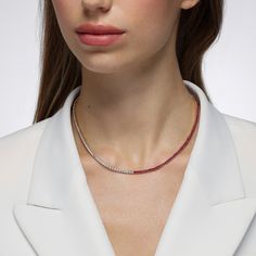 Refined to the core, our Half and Half Tennis Necklace puts a spin on an essential jewelry classic. Scores of vivid rubies and twinkling diamonds are secured in a minimal four prong setting as each link lays flush along your neckline for an elegant and minimalistic profile. We've attached additional chain to offer you the ability to adjust the total length of the necklace in order to find your most comfortable fit. Wear it solo as a choker or layer it together with both shorter and longer chains Formal Single Strand Tennis Necklace, Elegant Red Necklace With Single Cut Diamonds, Fine Jewelry Red Diamond Necklace With Brilliant Cut, Timeless Gold Single Strand Tennis Necklace, Formal Gemstone Tennis Necklace, Ruby Tennis Necklace, Gold Tennis Necklace With Adjustable Chain, Essential Jewelry, Jewelry Classic