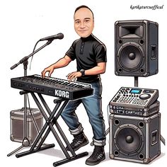 a caricature of a man sitting at a keyboard with two speakers behind him