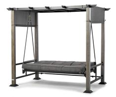 an outdoor swing bed with grey cushions and metal frame, against a white background that has no people in it