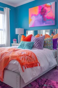 a bedroom with blue walls and purple carpeted flooring is decorated in bright colors