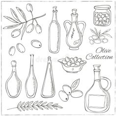 Olive sketch set with tree branch and oil bottle. stock illustration Olive Sketch, Olive Food, Olive Tree Tattoos, Logo Garden, Food Logos, Olive Oil Cruet, Bottle Tattoo, Bottle Drawing