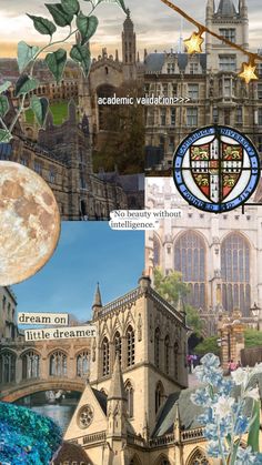 the collage shows several different architectural buildings and their emblems, including a clock tower