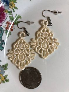 Lace Earrings Embroidered Earrings Ivory Earrings Dangle - Etsy White Embroidered Jewelry For Party, Embroidered White Jewelry For Party, Elegant Embroidered Earrings, Elegant Embroidered Wedding Earrings, Eagles Colors, Embroidered Earrings, Free Standing Lace, Ivory Earrings, Hippy Gifts