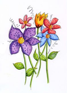 three flowers with green leaves and purple petals