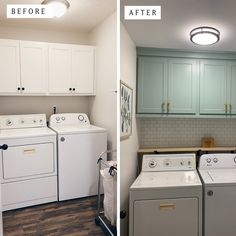 before and after pictures of a laundry room with washer and dryer in it