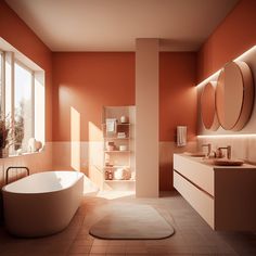 a bathroom with an oval shaped bathtub next to a sink and two round mirrors