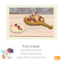 an image of fruit crepes on a wooden spoon next to a plate of cake