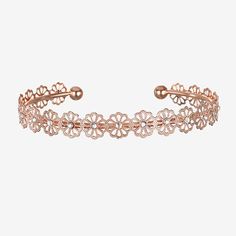 Circumference: 7 1/2 InchLink Construction: SolidShape: FlowerMetal Color: Rose ToneChain Construction: LinkCare: Wipe CleanBracelet Type: Cuff BraceletsCountry of Origin: Imported Formal Rose Gold Flower Bracelet, Spring Rose Gold Flower Bracelets, Spring Rose Gold Flower Bracelet, Spring Formal Rose Gold Jewelry, Elegant Rose Gold Bracelets For Spring, Elegant Spring Wedding Cuff Bracelet, Adjustable Rose Gold Flower-shaped Bracelet, Rose Gold Flower Shaped Bracelets For Wedding, Elegant Spring Bracelets In Flower Shape