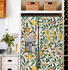 a refrigerator covered in lots of fruit next to a wall mounted wine bottle rack with baskets on it