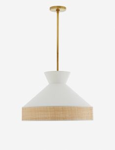 a white and gold pendant light hanging from a ceiling fixture with a wooden strip at the bottom