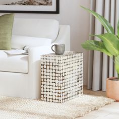 a white couch sitting next to a potted plant