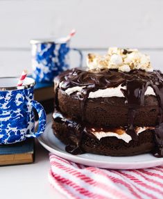 a chocolate cake sitting on top of a white plate next to a blue and red napkin