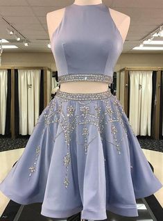 2024 A-Line/Princess Jewel Neck Sleeveless Cut Out Back Beading Two Piece Cut Short/Mini Homecoming Dresses Two Piece Dresses, Grey Two Piece, Short Homecoming Dresses, Mini Homecoming Dresses, Princess Sleeves, Homecoming Dresses Short, Homecoming Dress, Famous Brands, Two Piece Dress