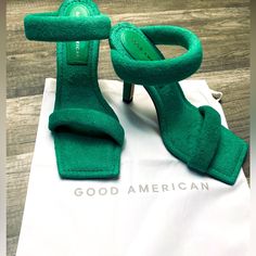 Good American Terry Heels Green Size 7 Ga354t-X New In Box With Dust Bag Good American Terry Slip On Heels Green 001 Size Ga354t-X Made In Spain Bonded Leather Sole *Box Shows Signs Of Wear From Shipping/Warehouse/Retail Exposure* Tags: Wedding Guest, Event, Formal, Prom, Cocktail Party, Dressy, Evening, Designer, Influencer Shipping Warehouse, Shoes Closet, Heels Green, American Shoes, Jesus Help, Slip On Heels, Fun Heels, Cute Fit