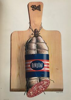 a wooden cutting board with an image of a can of bunboni on it