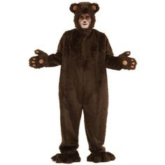 a man in a brown bear costume standing with his hands out to the side,