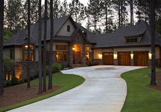 a driveway leading to a large house surrounded by trees and grass with lights on the windows